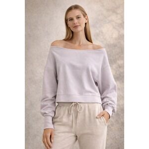 Blogilates Womens LargeOff Shoulder Cropped Sweatshirt Lavender Purple Thumbhole